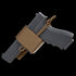 The Condor Universal Holster, a black pistol holder secured with a tan strap and cord for a tactical look, is displayed against a white background.